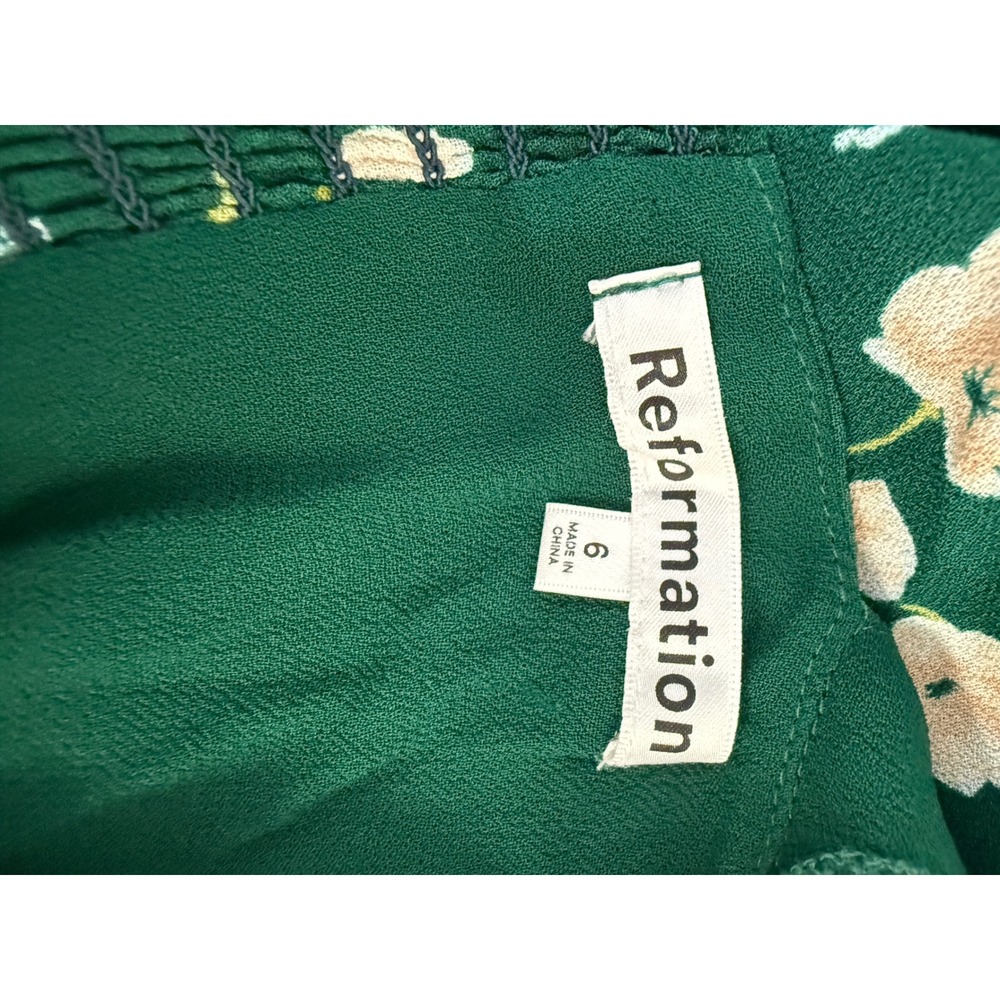 Reformation Midi Dress 6 Green Floral Smocked Back Cutout Ruffle Hem Sweetheart - Picture 11 of 11